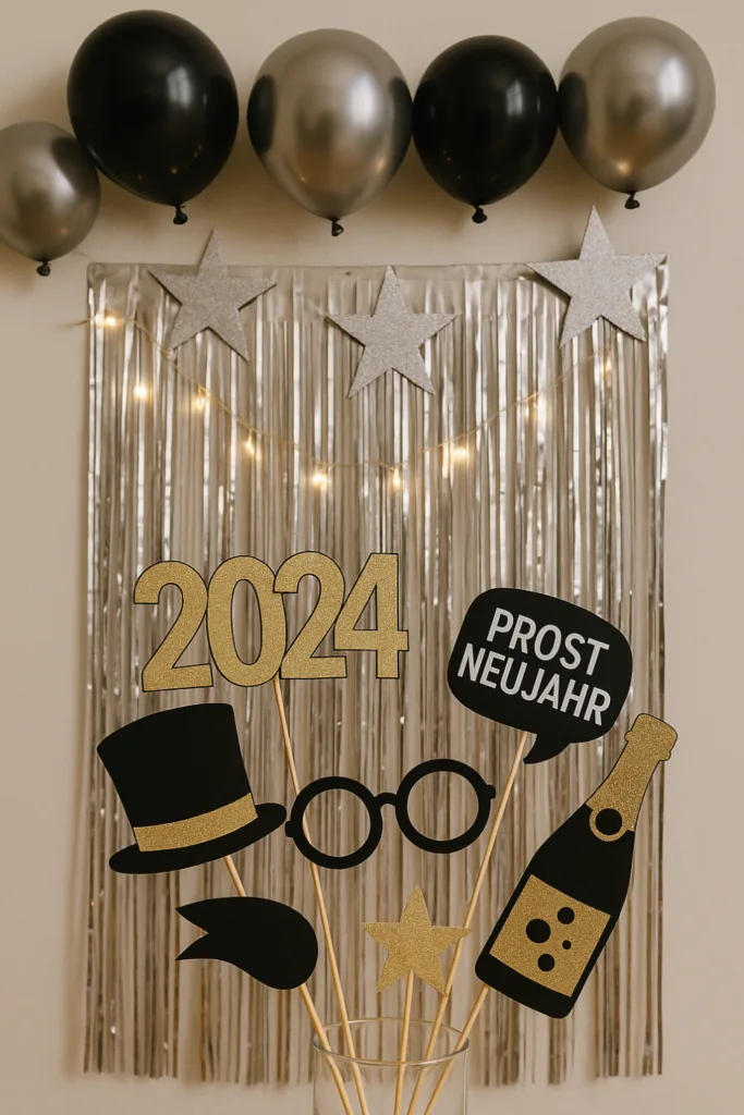 Fotowand mit silberner Girlande, Ballons und Deko für die Silvesterparty zuhause