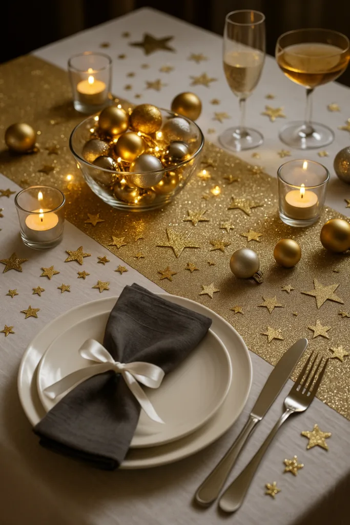 Festlich gedeckter Tisch mit goldener und silberner Silvesterdeko für Party zuhause