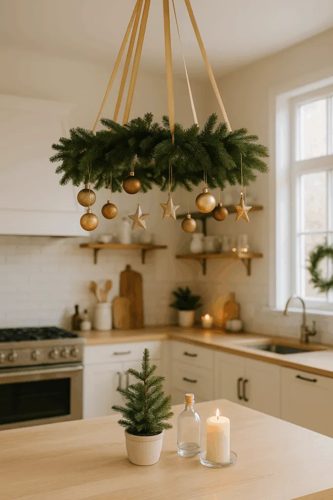 Hängender Weihnachtskranz mit Kugeln über Kücheninsel in offener Küche