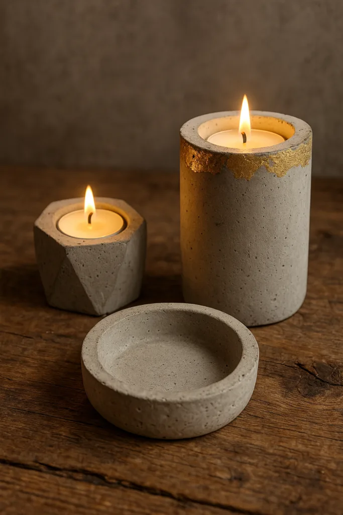 Weihnachtsgeschenke selber machen - 6 kreative Ideen, die von Herzen kommen Handgemachte Betonschale als DIY-Weihnachtsgeschenk auf Holztisch mit Kerzen