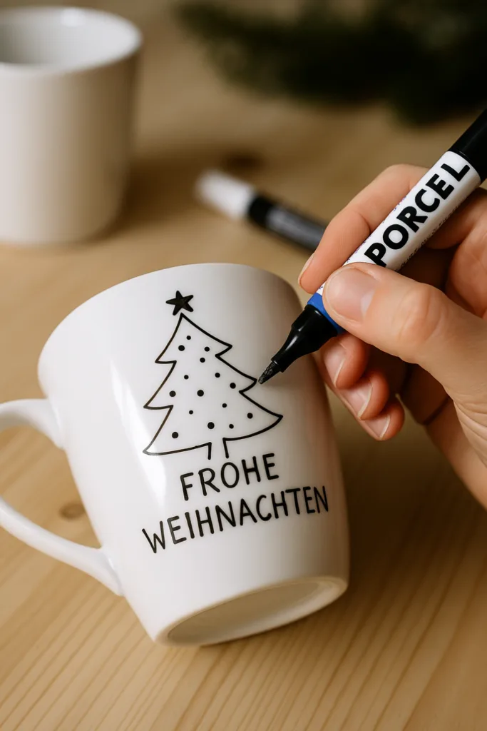 Weihnachtsgeschenke selber machen - 6 kreative Ideen, die von Herzen kommen Hand bemalt eine weiße Tasse mit Weihnachtsmotiv als DIY-Geschenk