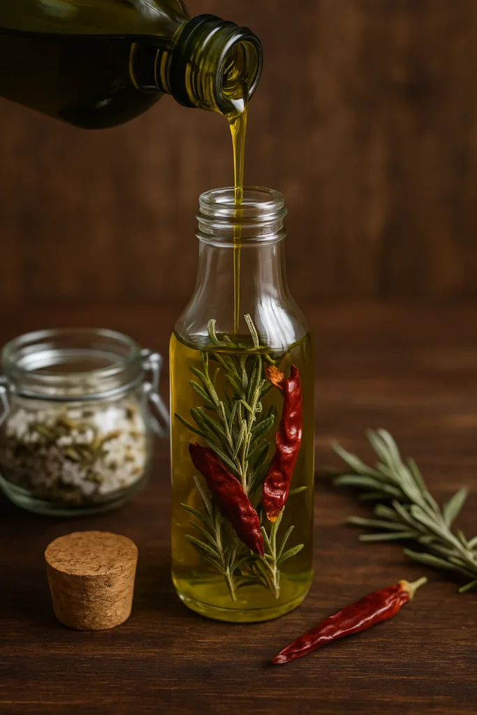 Weihnachtsgeschenke selber machen - 6 kreative Ideen, die von Herzen kommen Selbstgemachtes Kräuteröl mit Rosmarin und Chili als weihnachtliches DIY-Geschenk