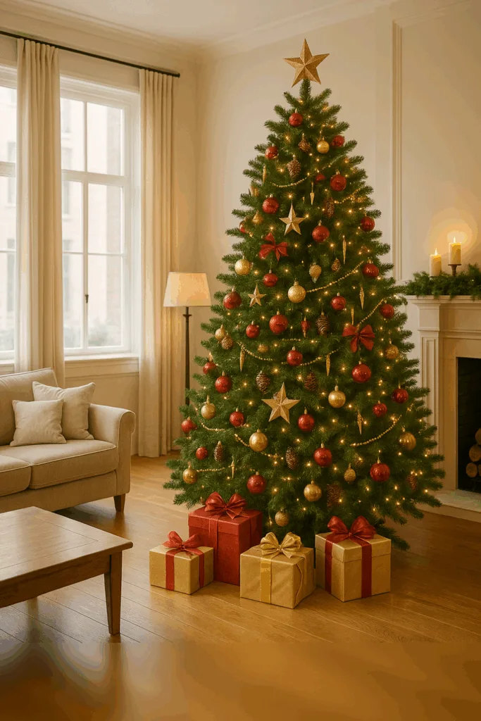 Großes Wohnzimmer mit festlich geschmücktem Weihnachtsbaum und stimmungsvoller Weihnachtsdeko