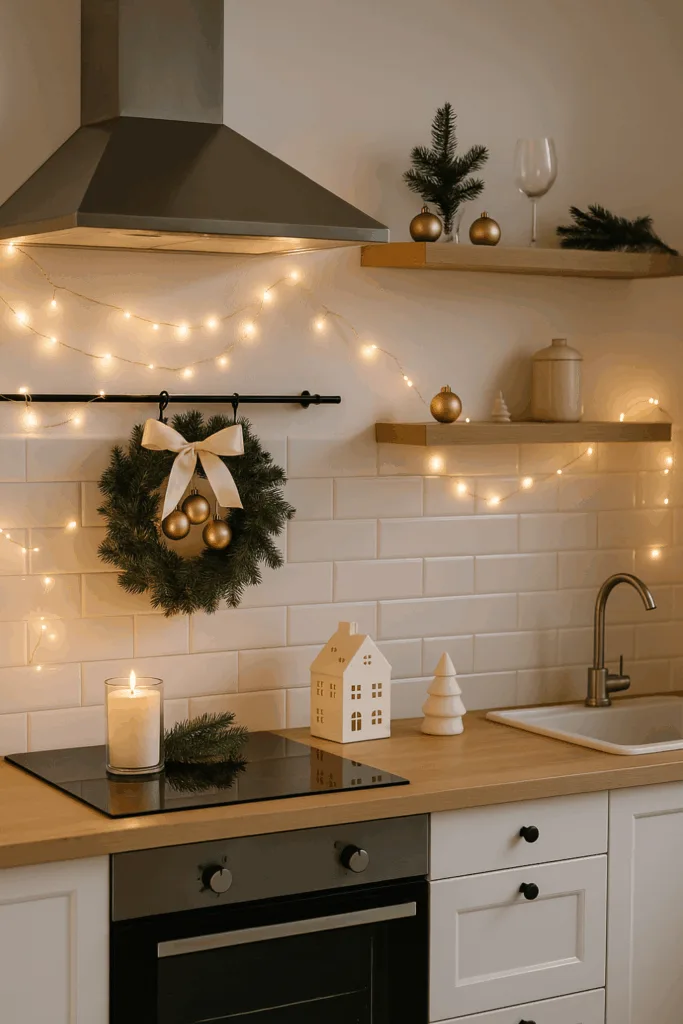 Moderne offene Küche mit Weihnachtsdeko, Lichterkette, Kranz und warmem Licht