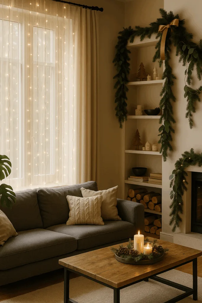 Großes Wohnzimmer mit Weihnachtsdeko, Lichterketten und natürlicher festlicher Atmosphäre