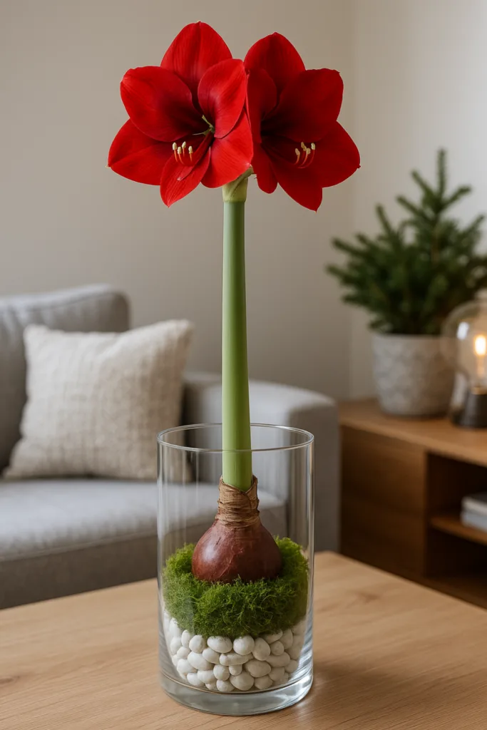 Rote Amaryllis im Glas als moderne Wohnzimmer-Deko mit Moos und Kieselsteinen