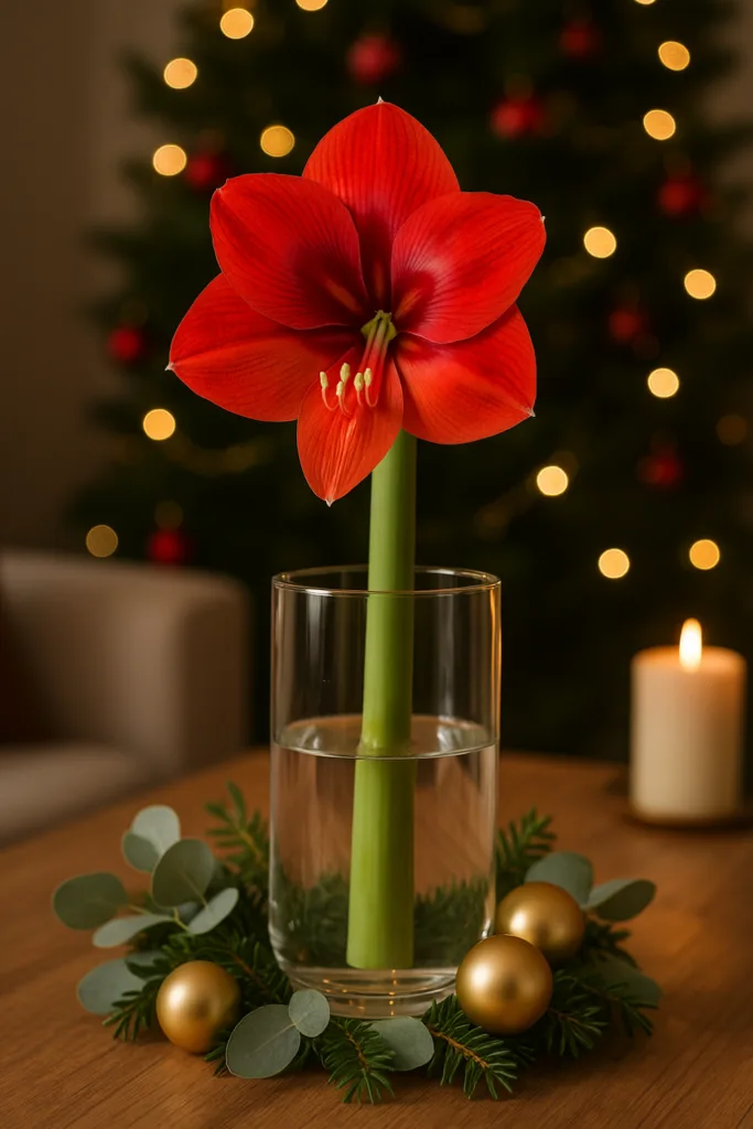 Rote Amaryllis als stilvolle Wohnzimmer-Deko in Glasvase mit weihnachtlichen Akzenten