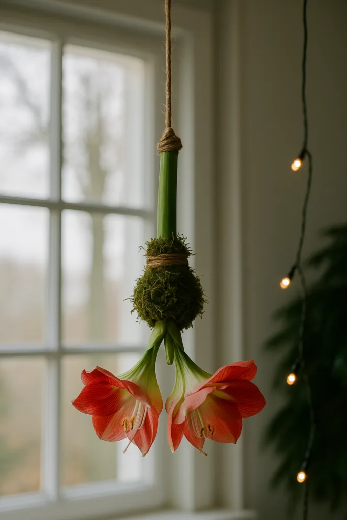 Hängende Amaryllis-Deko im Wohnzimmer mit Moos und Lichterkette
