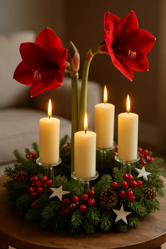 Rote Amaryllis im Adventskranz mit Kerzen und Tannenzweigen im Wohnzimmer