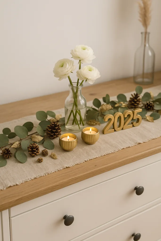 Silvesterdeko für die Kommode - 4 stilvolle Ideen fürs Zuhause Silvesterdeko auf Kommode mit weißen Blumen, Zapfen, Eukalyptus und Kerzen
