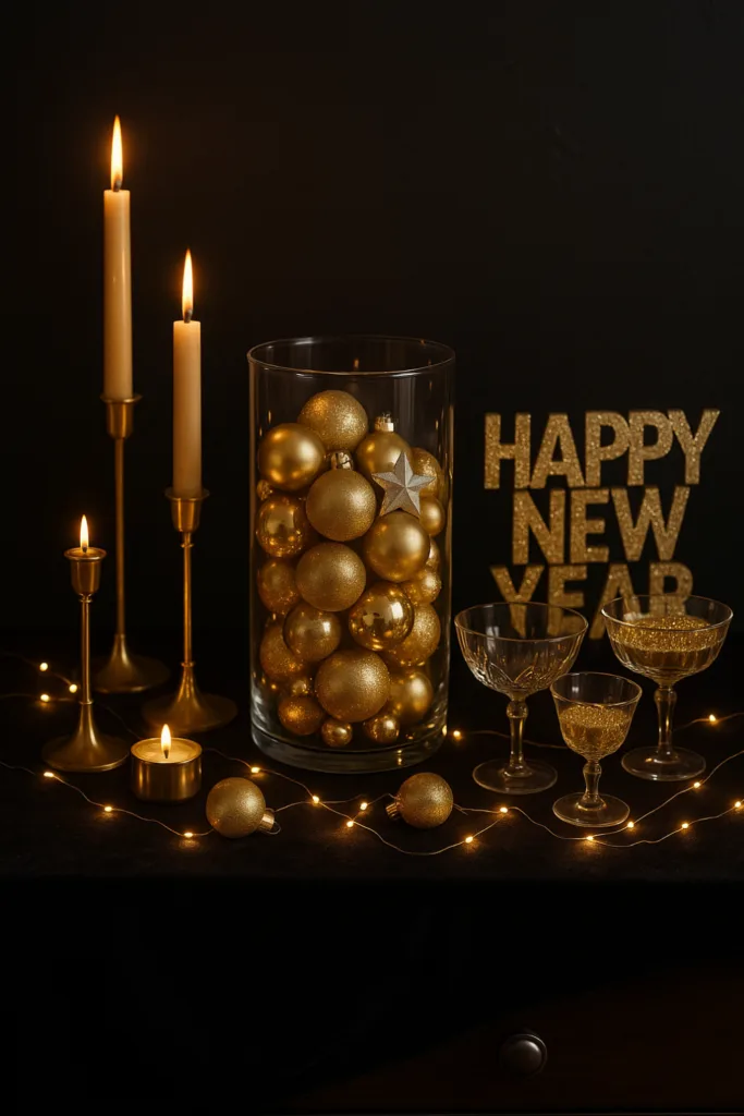 Silvesterdeko für die Kommode - 4 stilvolle Ideen fürs Zuhause Silvesterdeko auf schwarzer Kommode mit goldenen Kugeln, Kerzen und Gläsern