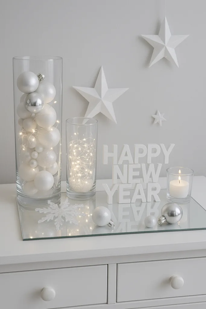 Silvesterdeko für die Kommode - 4 stilvolle Ideen fürs Zuhause Silvesterdeko auf weißer Kommode mit silbernen Kugeln, Sternen und Lichterkette