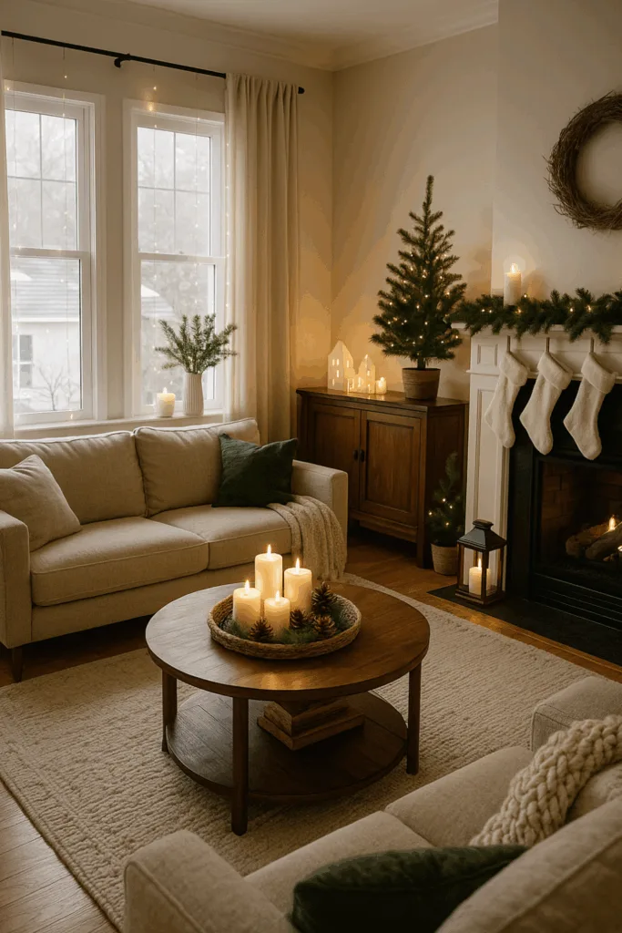 Gemütlich dekoriertes großes Wohnzimmer mit Weihnachtsdeko, Kerzen und Kamin