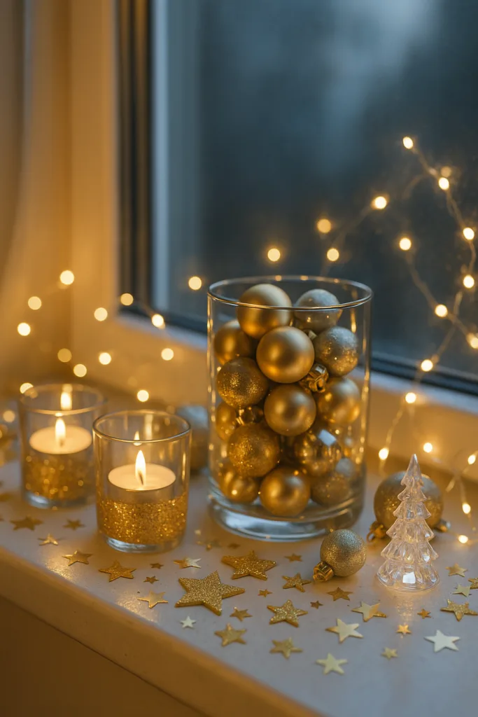 Silvesterdeko für die Fensterbank - 5 schöne Ideen zum Nachmachen Goldene Silvesterdeko auf der Fensterbank mit Kerzen, Kugeln und Lichterkette