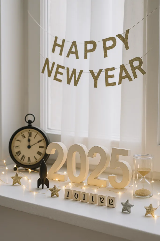 Silvesterdeko für die Fensterbank - 5 schöne Ideen zum Nachmachen Silvesterdeko auf der Fensterbank mit 2026-Zahlen, Uhr, Lichterkette und Sanduhr