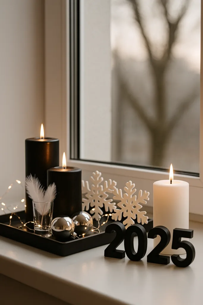 Silvesterdeko für die Fensterbank - 5 schöne Ideen zum Nachmachen Elegante Silvesterdeko auf der Fensterbank mit schwarzen Kerzen, Schneeflocken und 2026-Zahl
