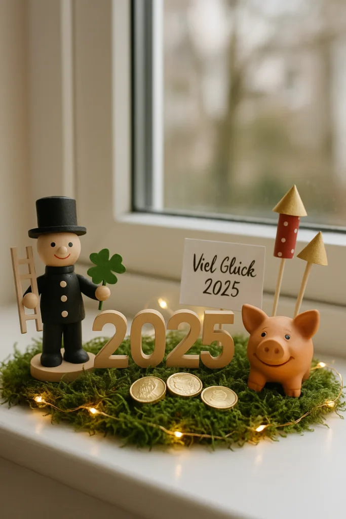 Silvesterdeko für die Fensterbank - 5 schöne Ideen zum Nachmachen Silvesterdeko mit Schornsteinfeger, Glücksschwein, Raketen und 2026-Zahl auf Moosbett