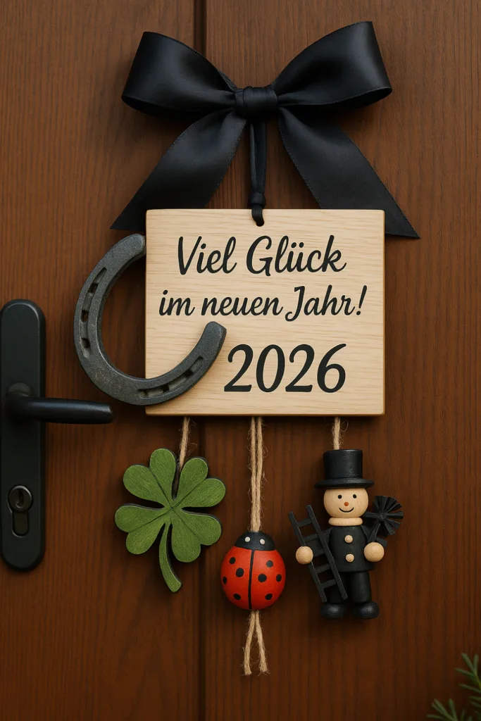 Glücksbringer-Deko an der Haustür mit Hufeisen, Kleeblatt und Marienkäfer zu Silvester 2026