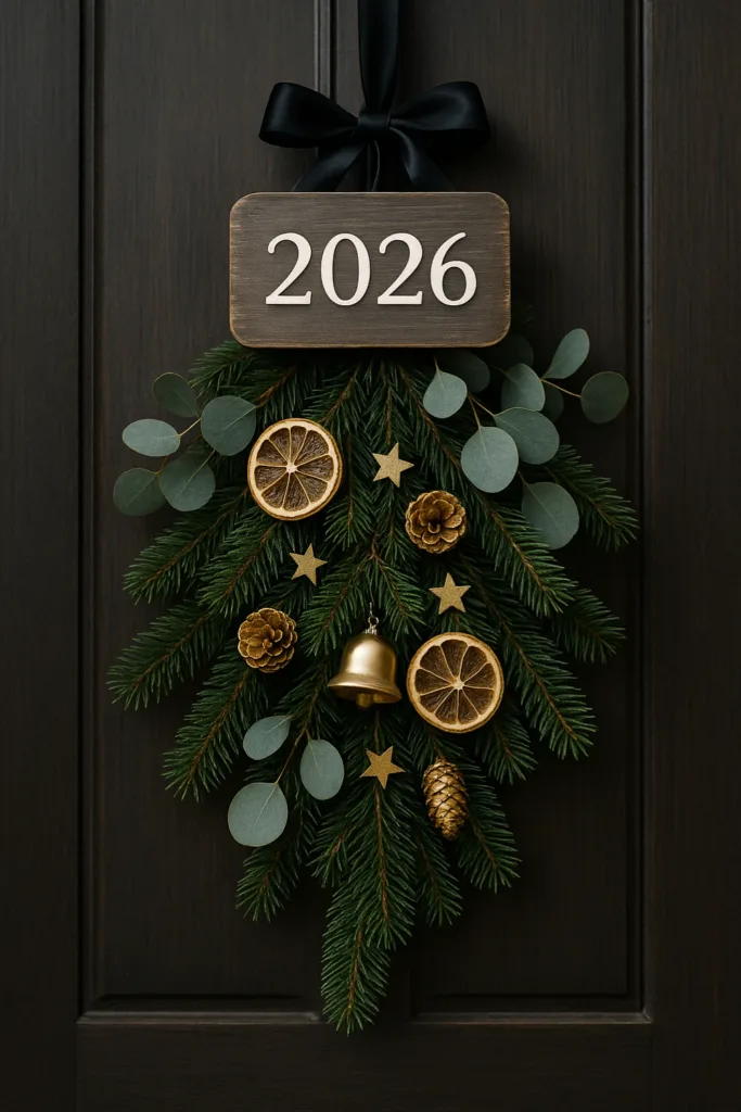 Natürliche Silvesterdeko 2026 mit Eukalyptus, Zapfen und goldenen Sternen an Haustür