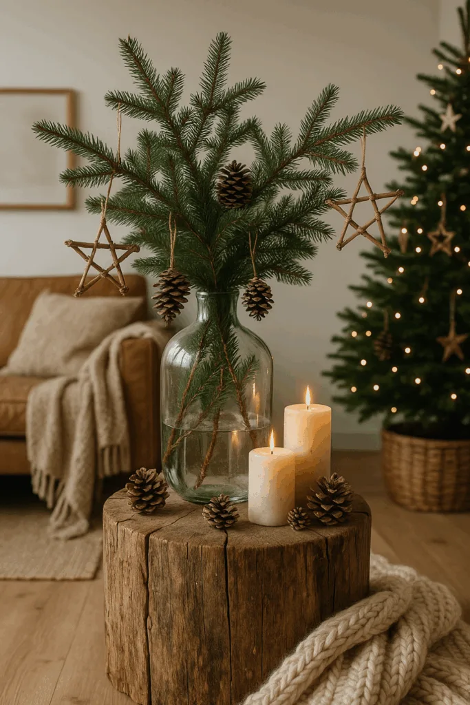 Gemütliche Weihnachtsdeko im großen Wohnzimmer mit Holz, Zweigen und Kerzen