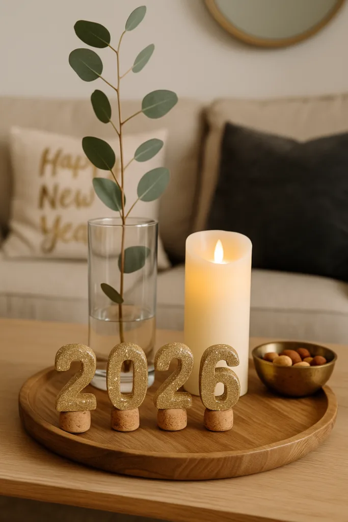 Kleines Wohnzimmer? Diese 5 Silvester-Deko-Ideen machen es mega gemütlich! Silvesterdeko 2026 auf Holztablett mit Kerze, Eukalyptus und goldenen Zahlen im kleinen Wohnzimmer