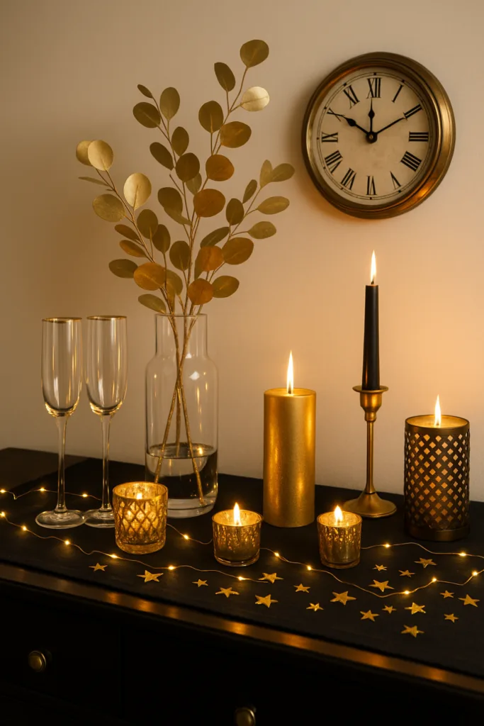 Silvesterdeko für das Sideboard - 5 Ideen von elegant bis gemütlich Glanzvolle Silvesterdeko in Gold und Schwarz mit Kerzen auf einem Sideboard