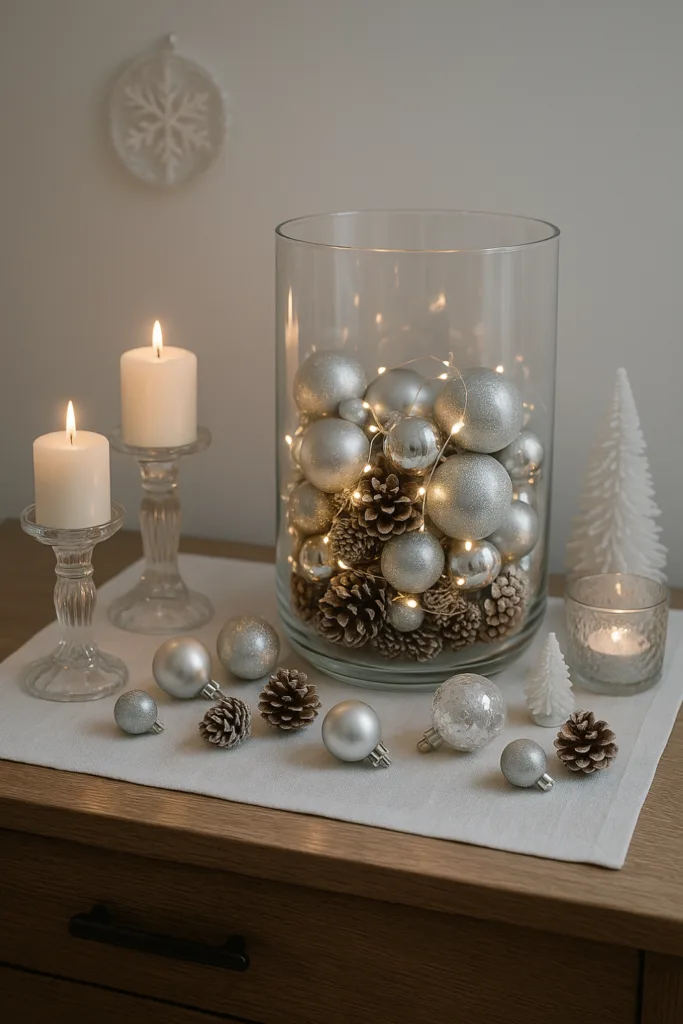 Silvesterdeko für das Sideboard - 5 Ideen von elegant bis gemütlich Silberne Silvesterdeko mit Glaskugeln, Zapfen und Kerzen auf einem Sideboard