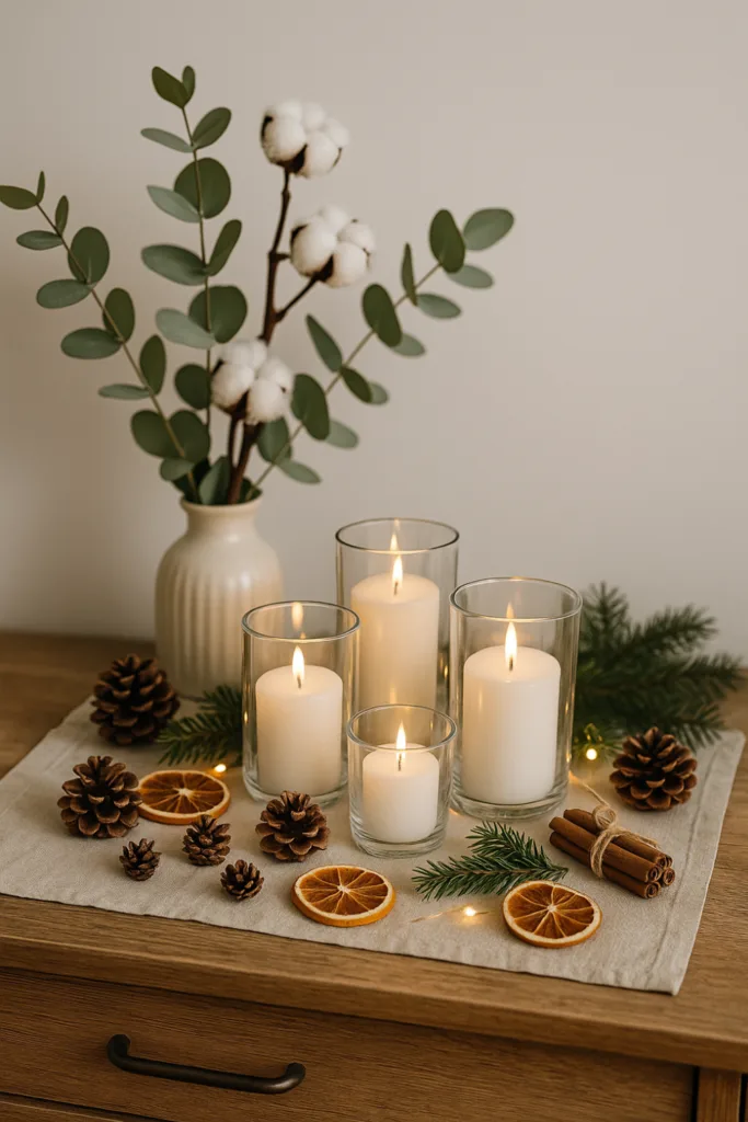 Silvesterdeko für das Sideboard - 5 Ideen von elegant bis gemütlich Natürliche Silvesterdeko auf dem Sideboard mit Kerzen, Tannenzweigen und Orangenscheiben