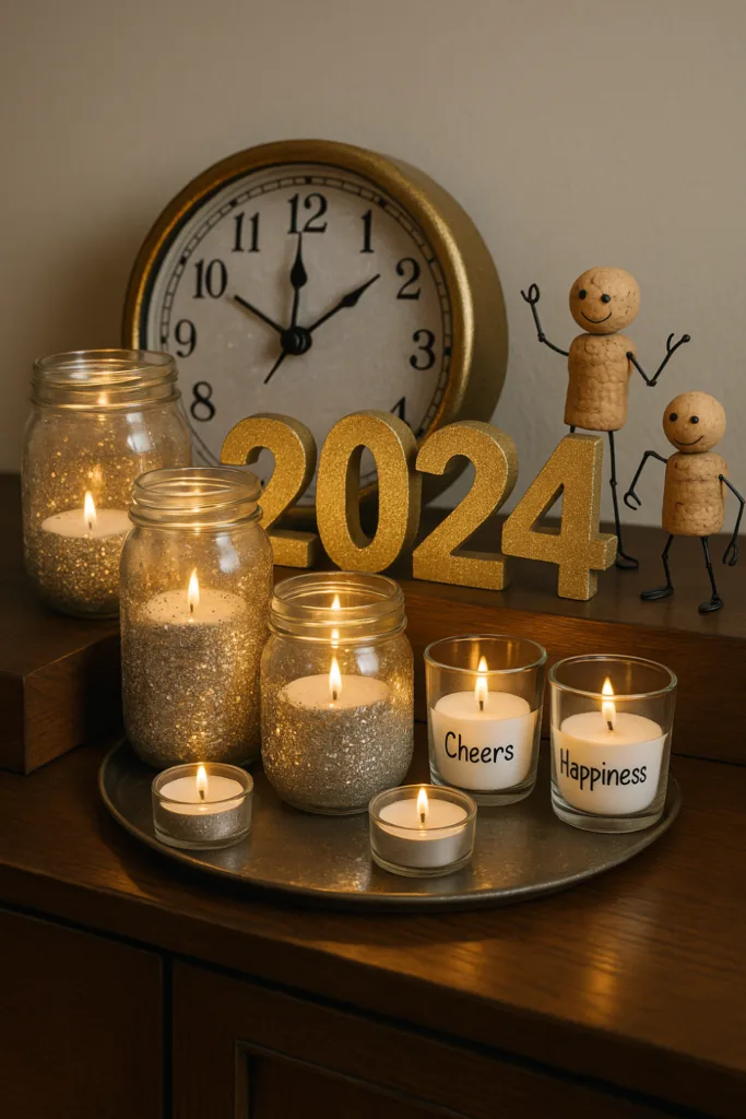 Silvesterdeko für das Sideboard - 5 Ideen von elegant bis gemütlich Selbstgemachte Silvesterdeko auf dem Sideboard mit Kerzen, Gläsern und goldenen Akzenten