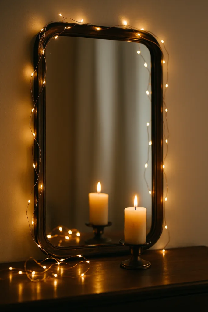 Spiegel mit Lichterkette und Kerze als stimmungsvolle Silvesterdeko