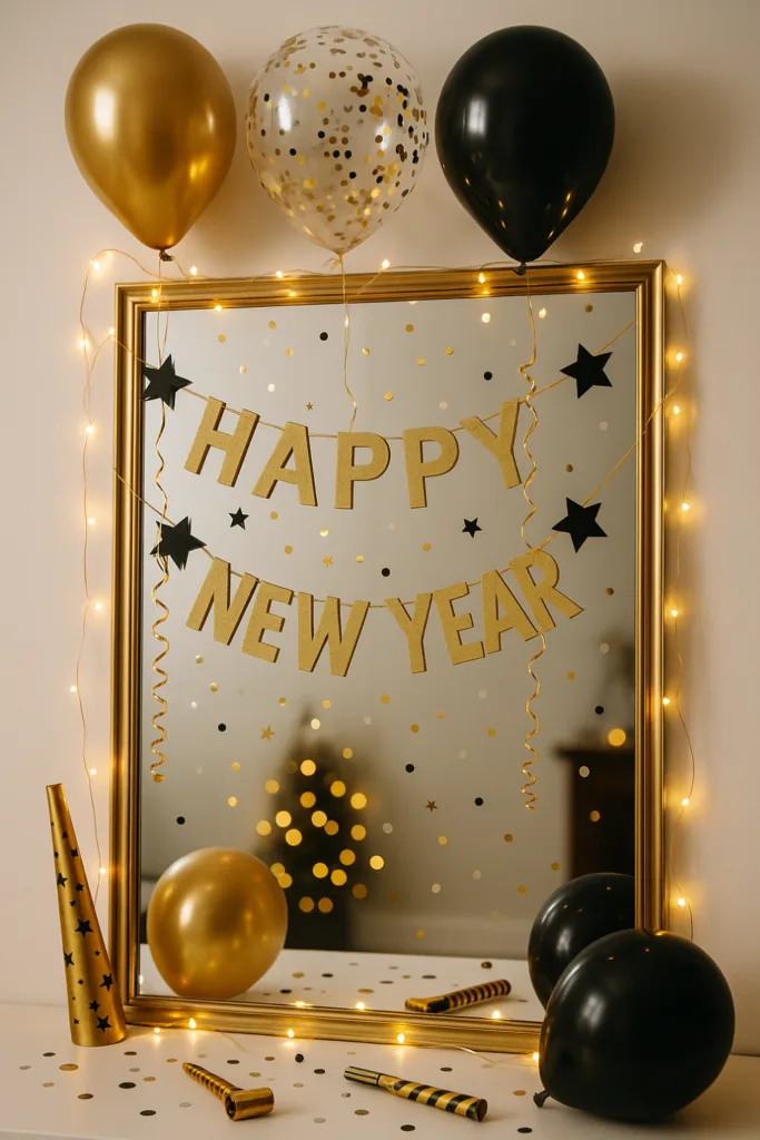 Silvesterdeko für den Spiegel mit goldenen Ballons, Lichterkette und Glitzer
