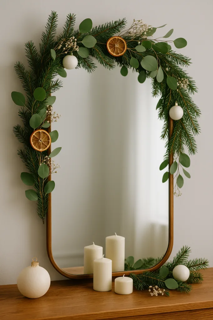 Spiegel mit Tannenzweigen, Eukalyptus und Kerzen als natürliche Silvesterdeko