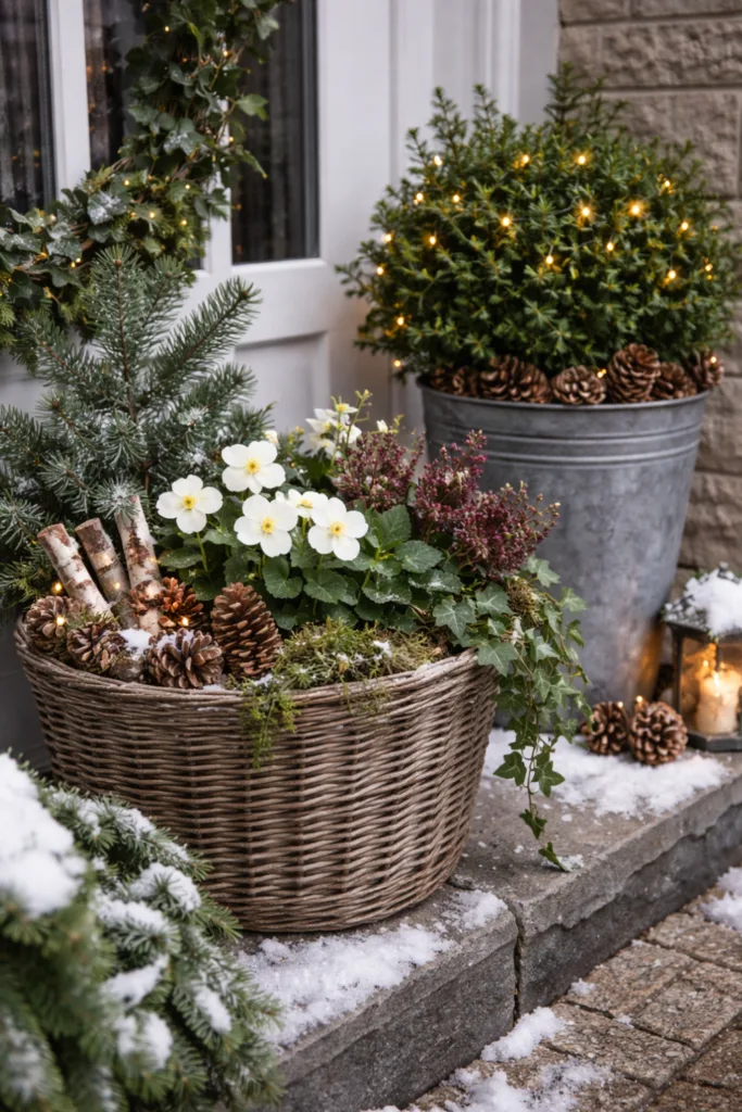 Winterdeko für den Hauseingang - 5 schöne Ideen zum Nachmachen Winterdeko Hauseingang mit Pflanzen, Tannenzweigen, Zapfen und Lichterkette