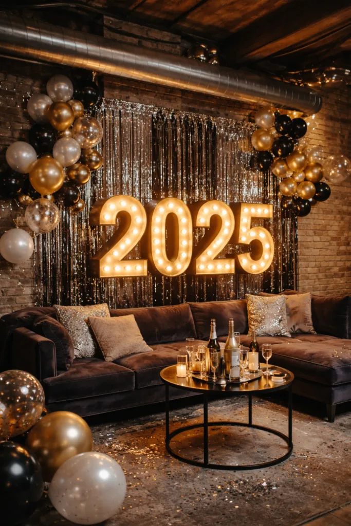 Silvesterparty im Keller mit dekorierter Wand, Lichtervorhang und festlicher Deko für stimmungsvolle Feier