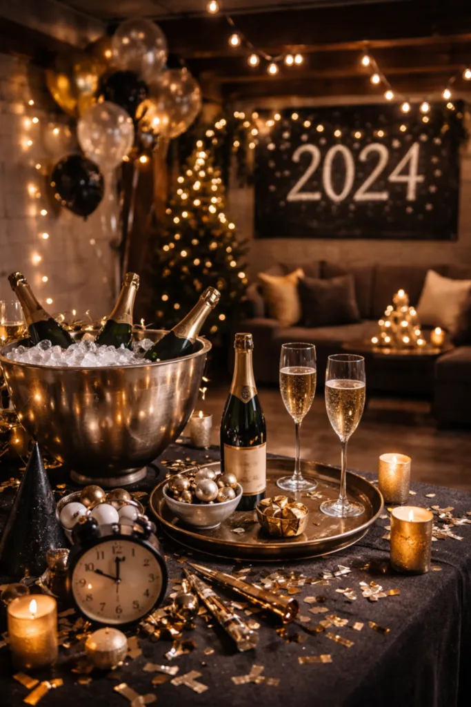 Silvesterparty im Keller mit stilvollen Deko-Details, Kerzen, Champagner und festlicher Atmosphäre