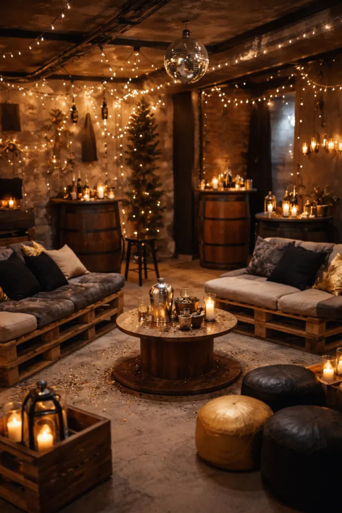 Silvesterparty im Keller mit gemütlichen Sitz- und Stehbereichen, Palettenmöbeln und stimmungsvoller Deko