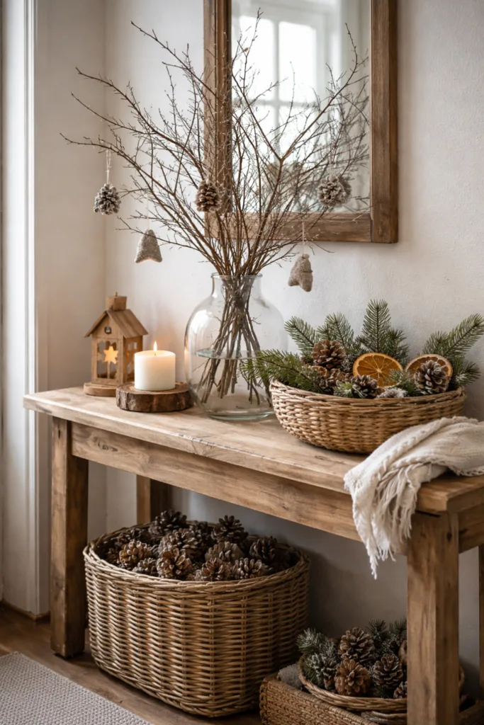 Winterdeko im Flur mit Holzbank, Tannenzapfen, Tannenzweigen und Kerzenlicht