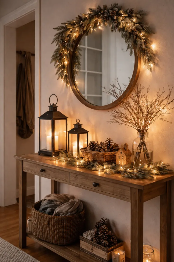 Winterdeko im Flur mit Laternen, Lichterkette und Holzkonsole in warmem Licht