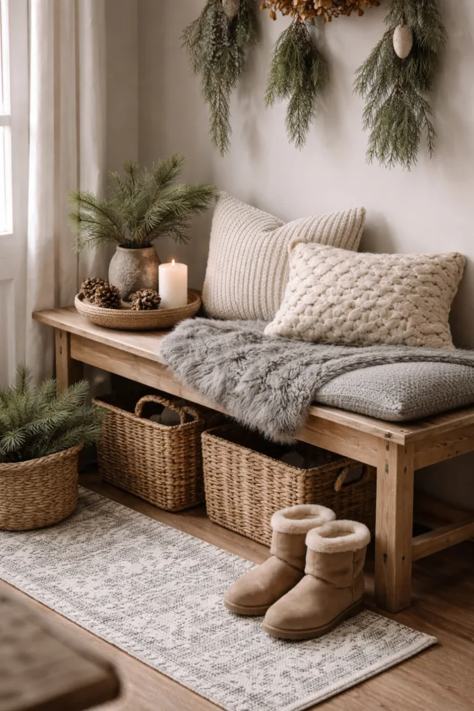 Winterdeko im Flur mit Holzbank, Fell, Kissen und Tannengrün in natürlichem Licht
