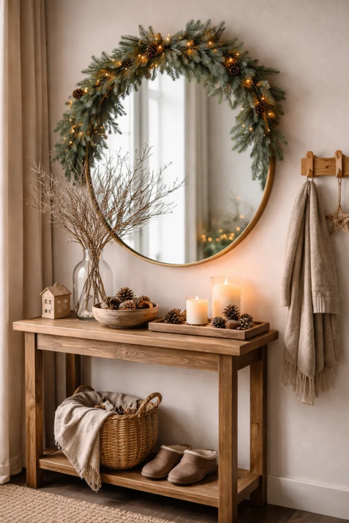 Winterdeko im Flur mit Spiegel, Tannenzweigen, Kerzen und Holzkommode