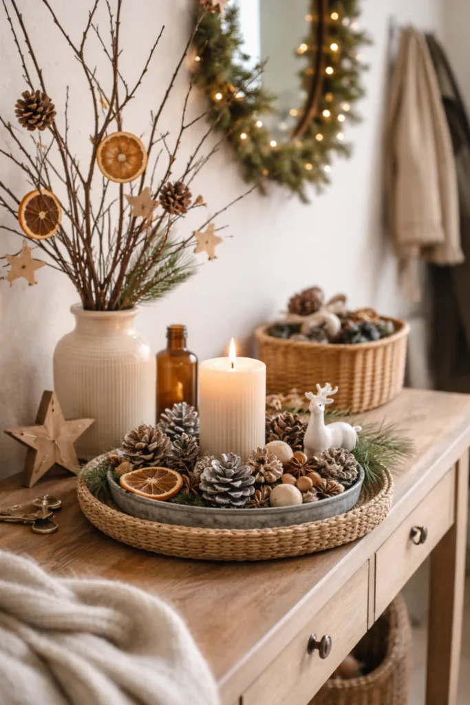 Winterdeko im Flur mit Kerze, Zapfen, Zweigen und warmem Licht