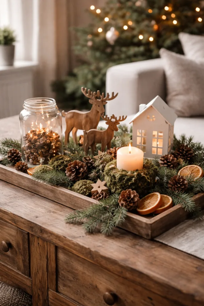 Winterdeko für das Sideboard mit Holztablett, Tannenzweigen, Moos und Kerzenlicht