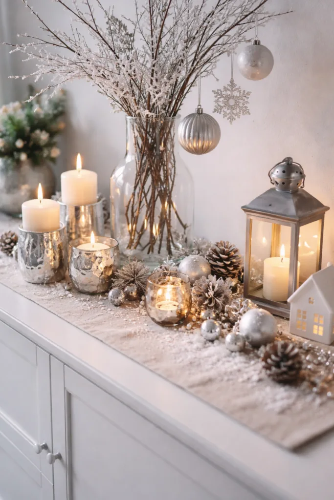 Winterdeko auf Sideboard mit weißen Kerzen, Silberakzenten und Glasvasen in natürlichem Licht