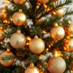 Nahaufnahme eines kleinen Weihnachtsbaums mit goldenen Kugeln und Lichterkette