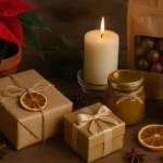 Festliche Mitbringsel zu Weihnachten mit Geschenken, Kerze, Honig und Weihnachtsstern