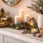 Winterdeko fürs Sideboard mit Kerzen, Zweigen und Holzdetails in warmem Licht