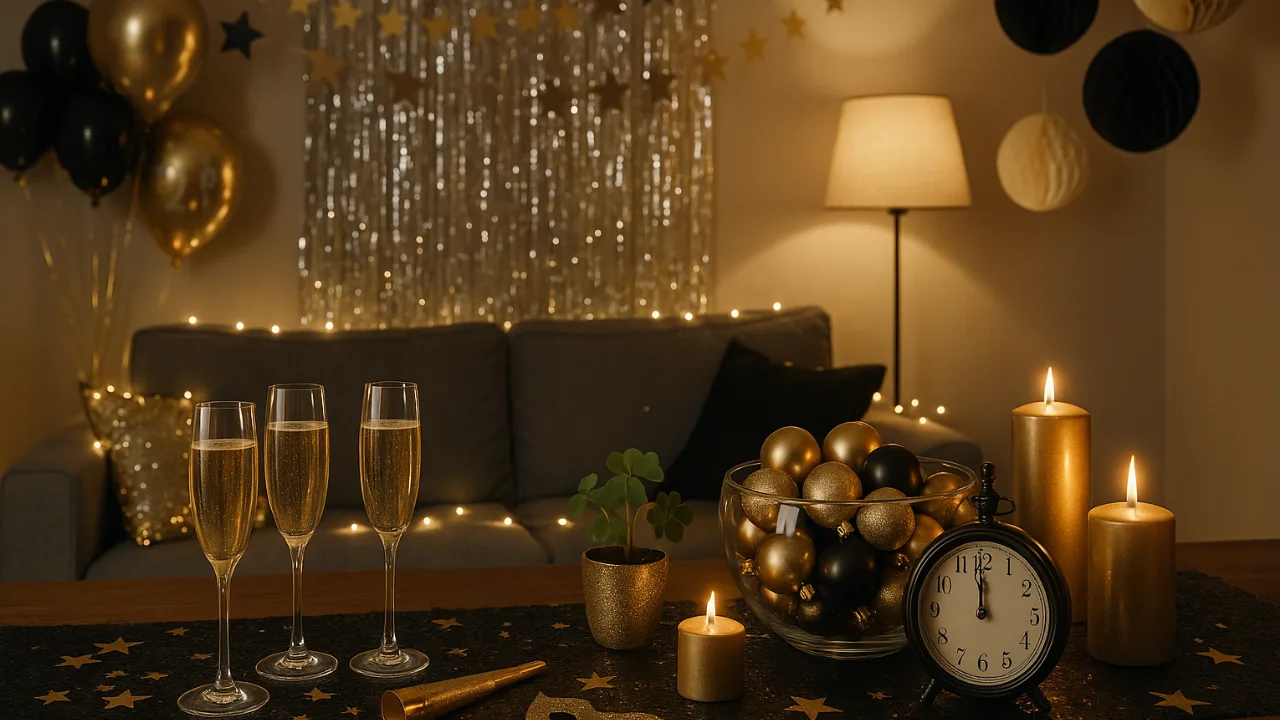 Silvesterdeko mit Gold, Kerzen und Champagnergläsern für die Party zuhause