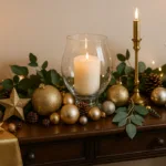 Goldene und silberne Silvesterdeko mit Kerzen und Eukalyptus auf einer Anrichte