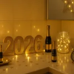 Goldene Silvesterdeko 2026 im Badezimmer mit Kerzen, Lichterkette und Champagnerflaschen