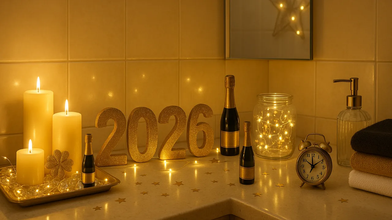 Goldene Silvesterdeko 2026 im Badezimmer mit Kerzen, Lichterkette und Champagnerflaschen